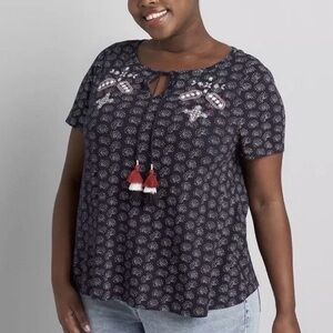 Lane Bryant Embroidered Tassel Boho Blouse Plus Size 18/20 Short Sleeve Peasant